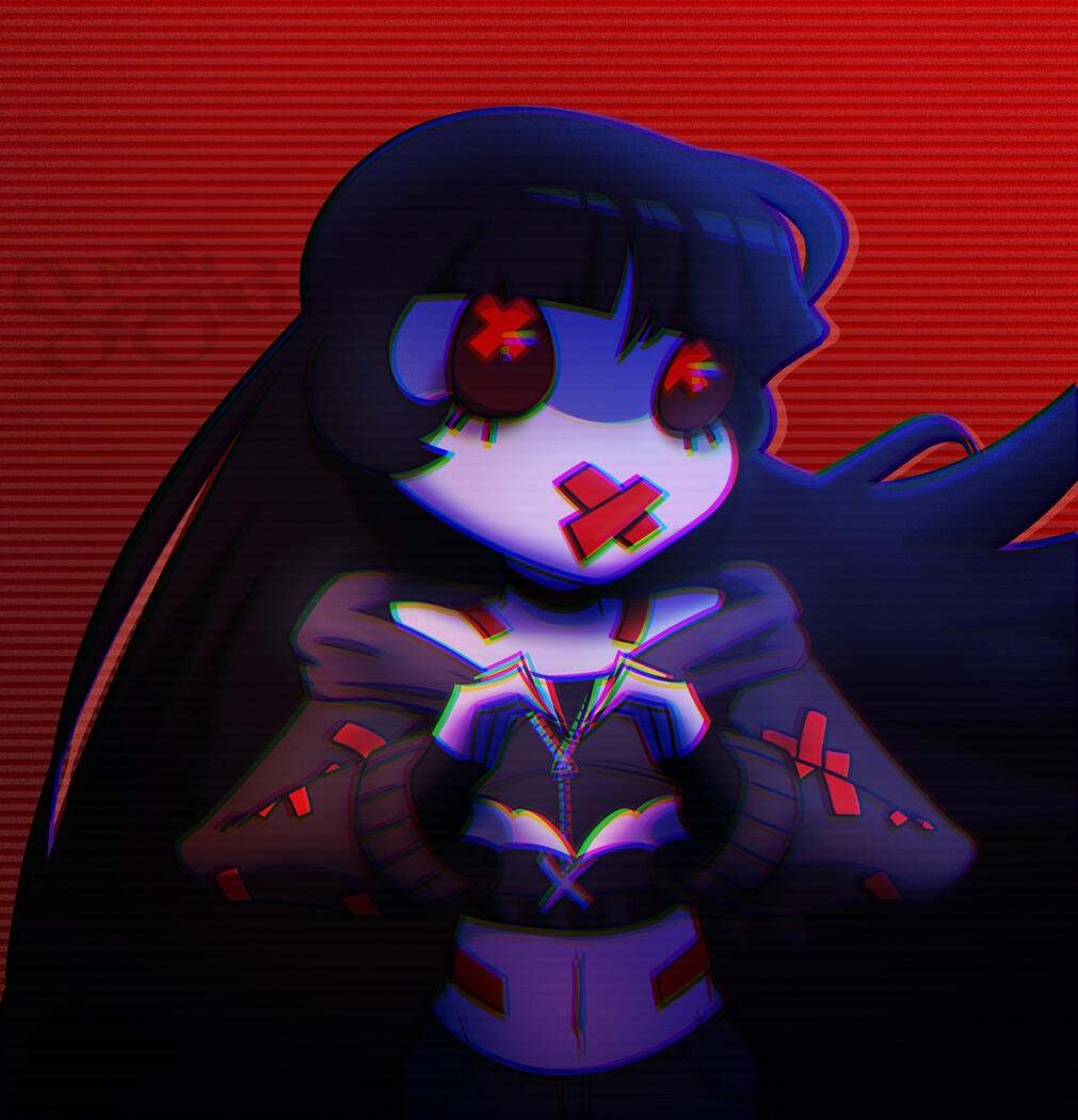 A long-haired girl with red X's all over her making a heart shape with her hands.