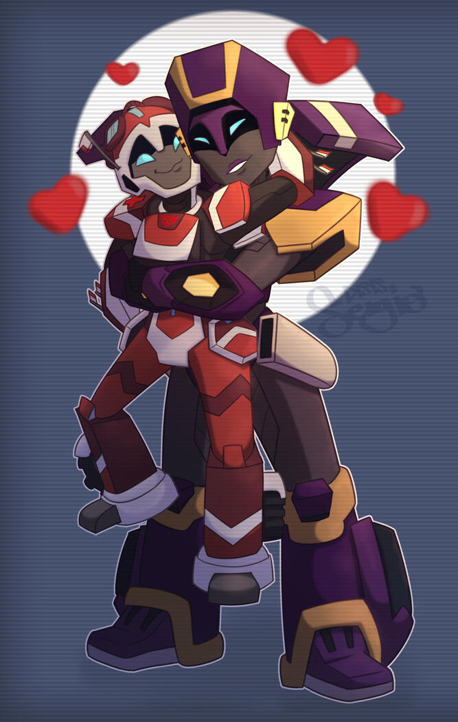 [Transformers] Two bots are cuddling, the shorter one being held up by the larger one.