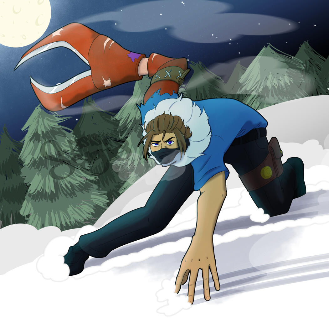 A man with a crab arm is hunched down in the snow in a combat stance, the trees and moon behind him.