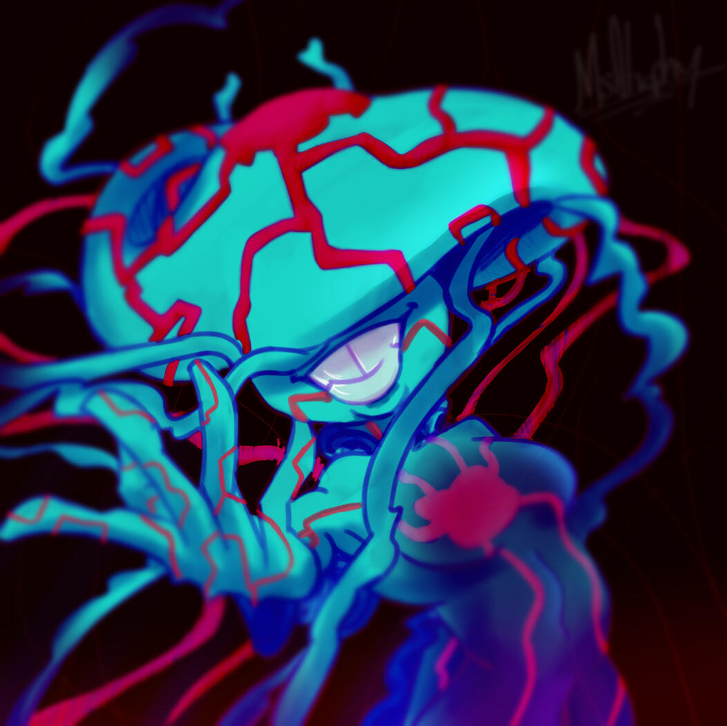 A cyan jellyfish alien with red accents, her arm outstretched to the camera.