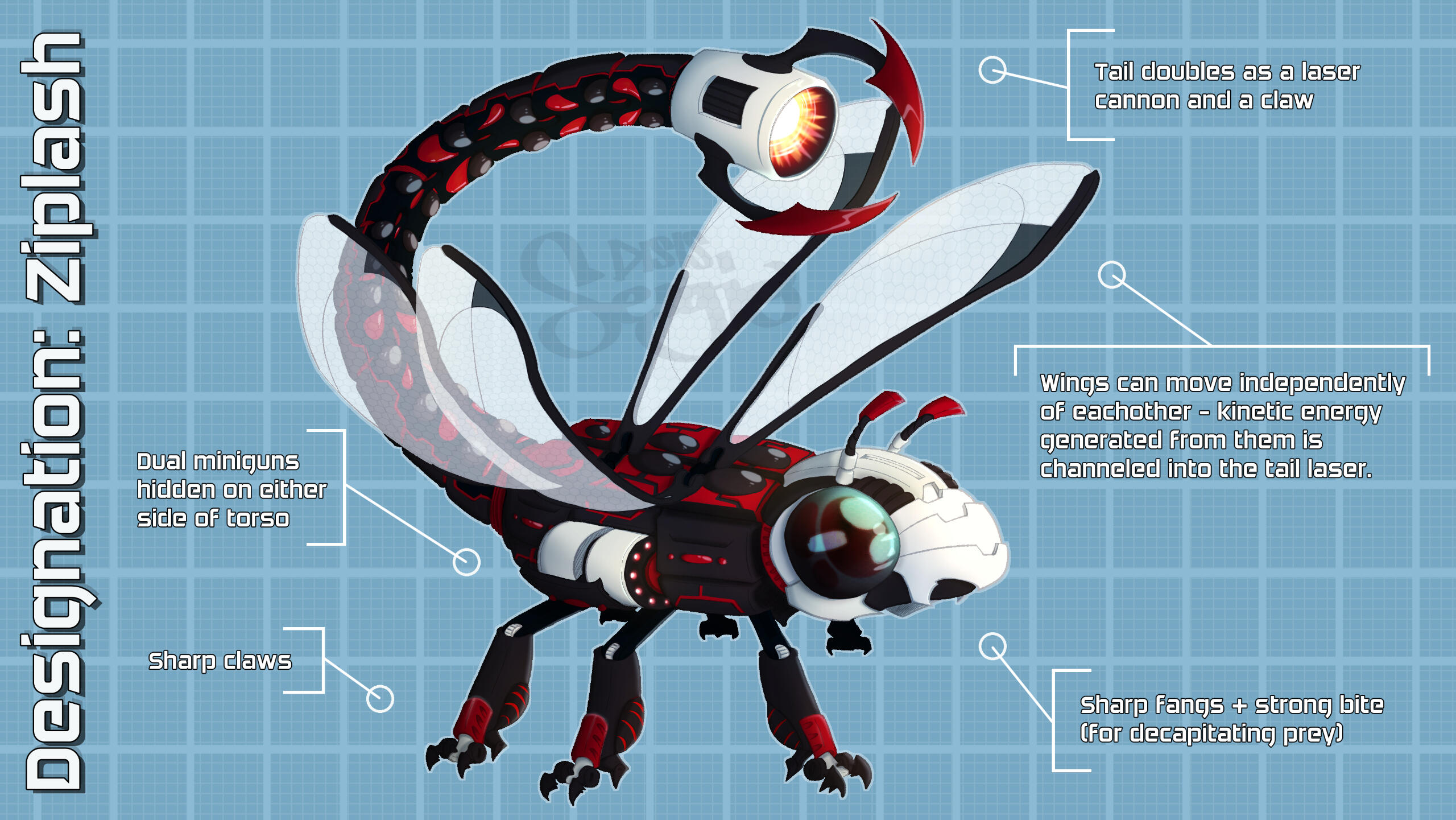 A black, red and white mechanical dragonfly, with a laser cannon for a tail.