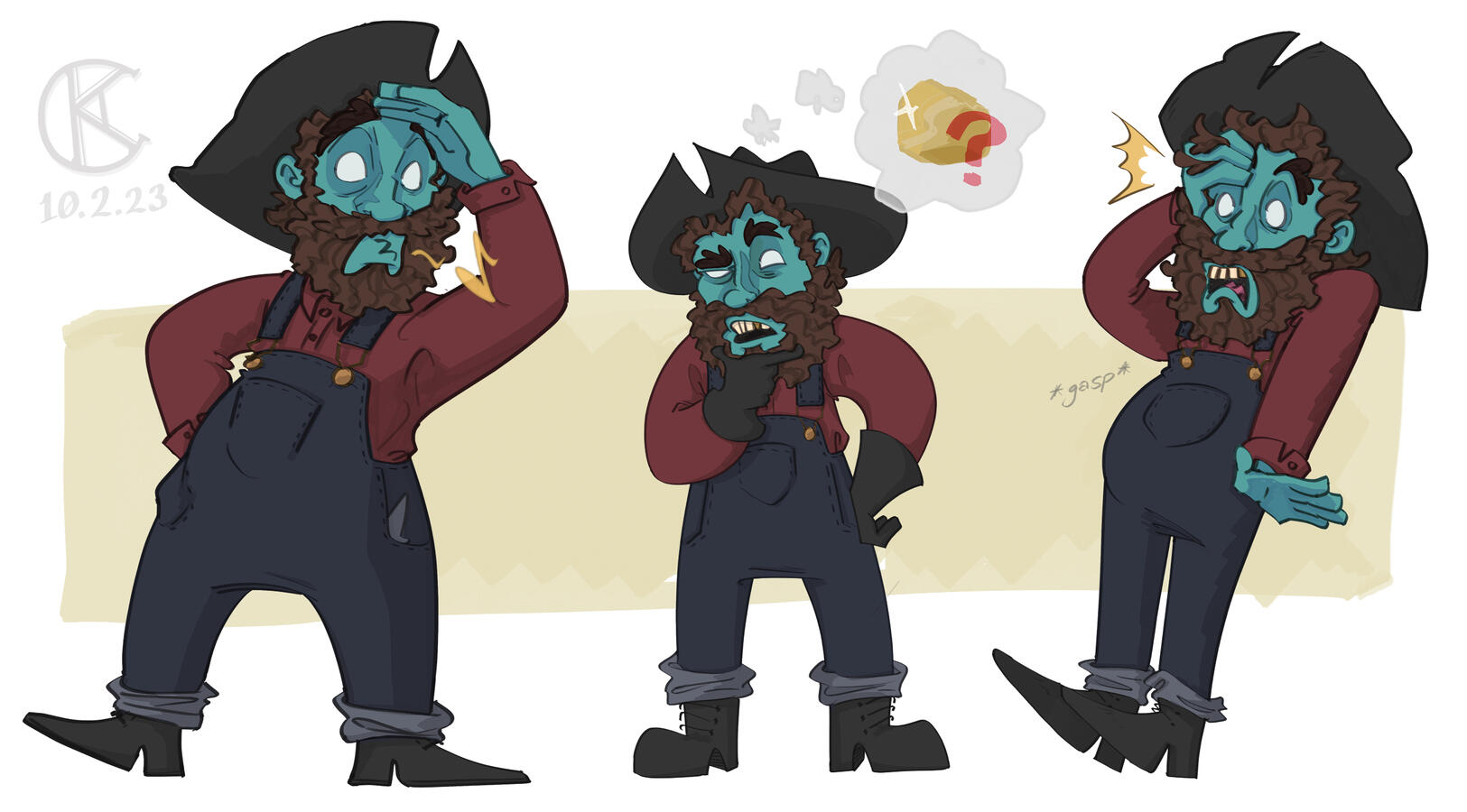 [Inscryption] three sketches of the prospector, whistling, thinking of gold, and shocked