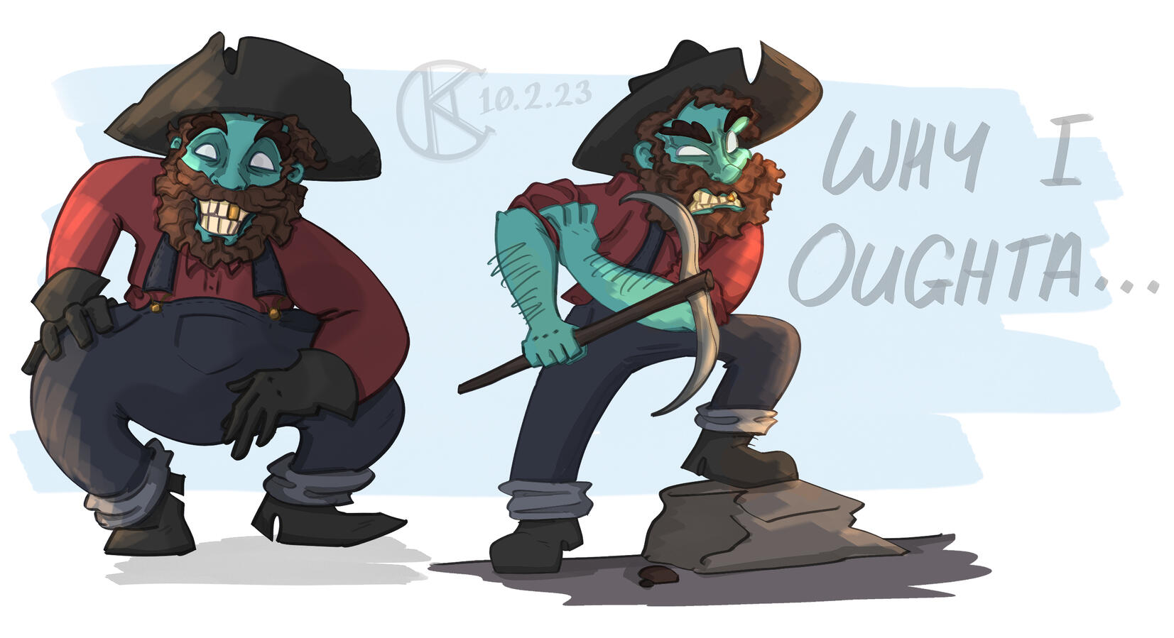 [Inscryption] two sketches of the prospector, one crouched down grinning, the other scowling with a sleeve pushed up.