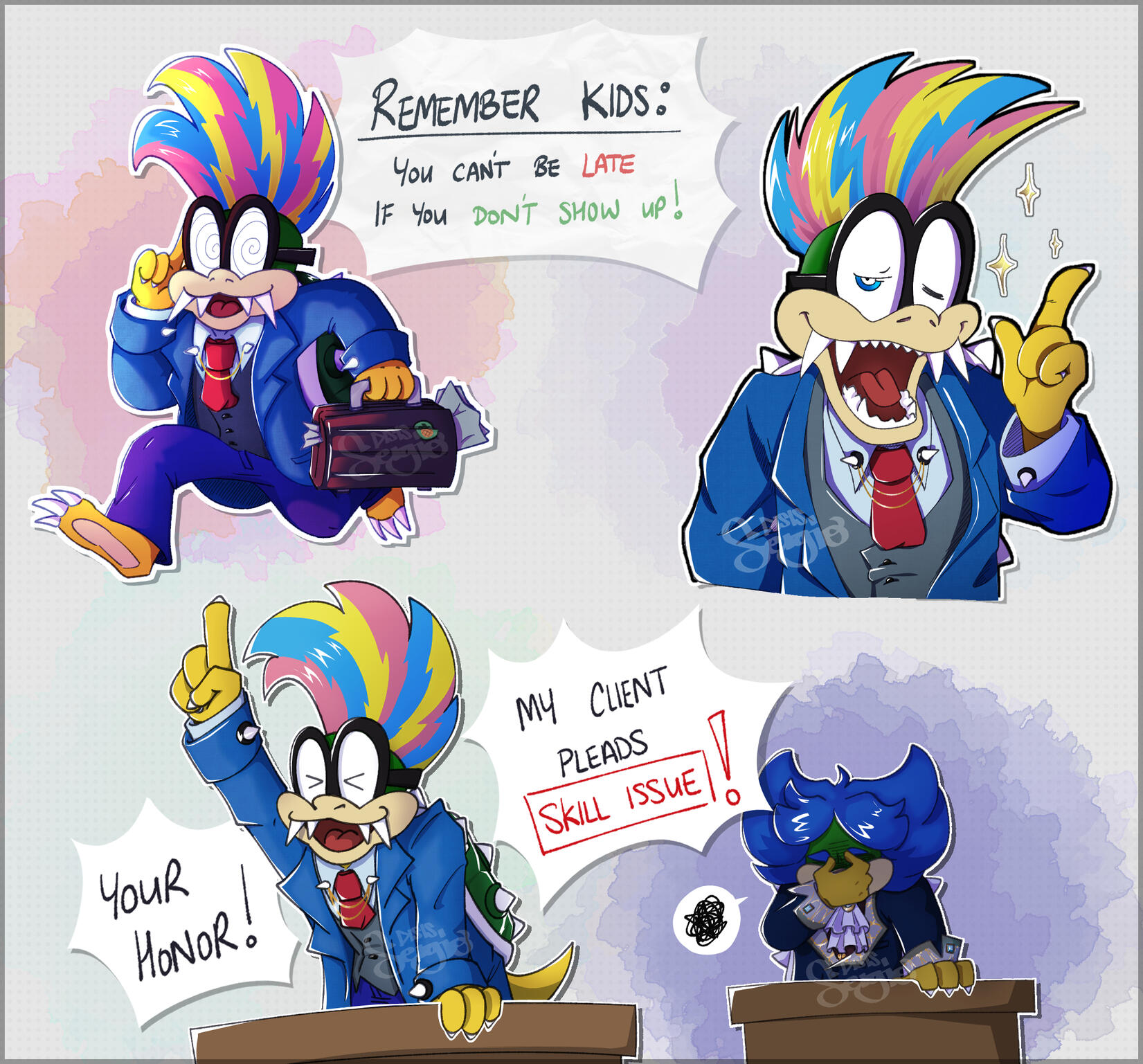 [Super Mario] three sketches of Iggy wearing Phoenix Wright's attire, featuring Ludwig wearing Von Karma's clothes.