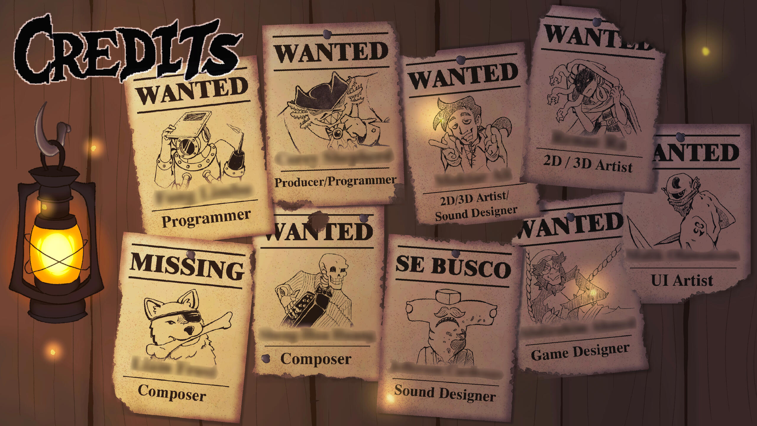 A lantern illuminates a wooden wall with various wanted and missing posters.