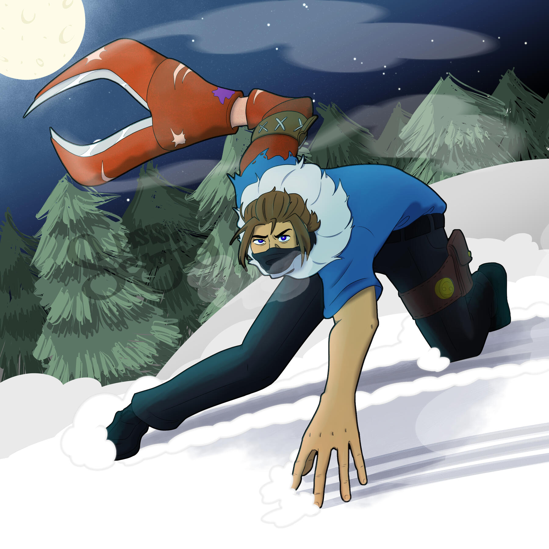 A man with a crab arm is hunched down in the snow in a combat stance, the trees and moon behind him.