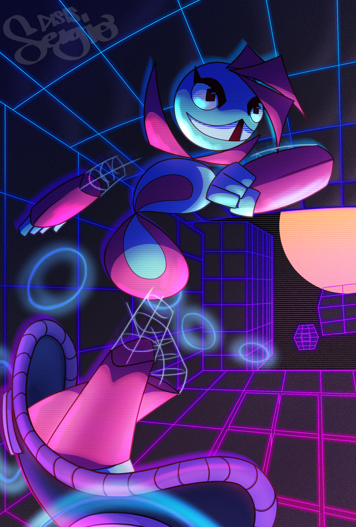 A humanoid virus on a hoverboard, with a vaporwave sunset in the background.