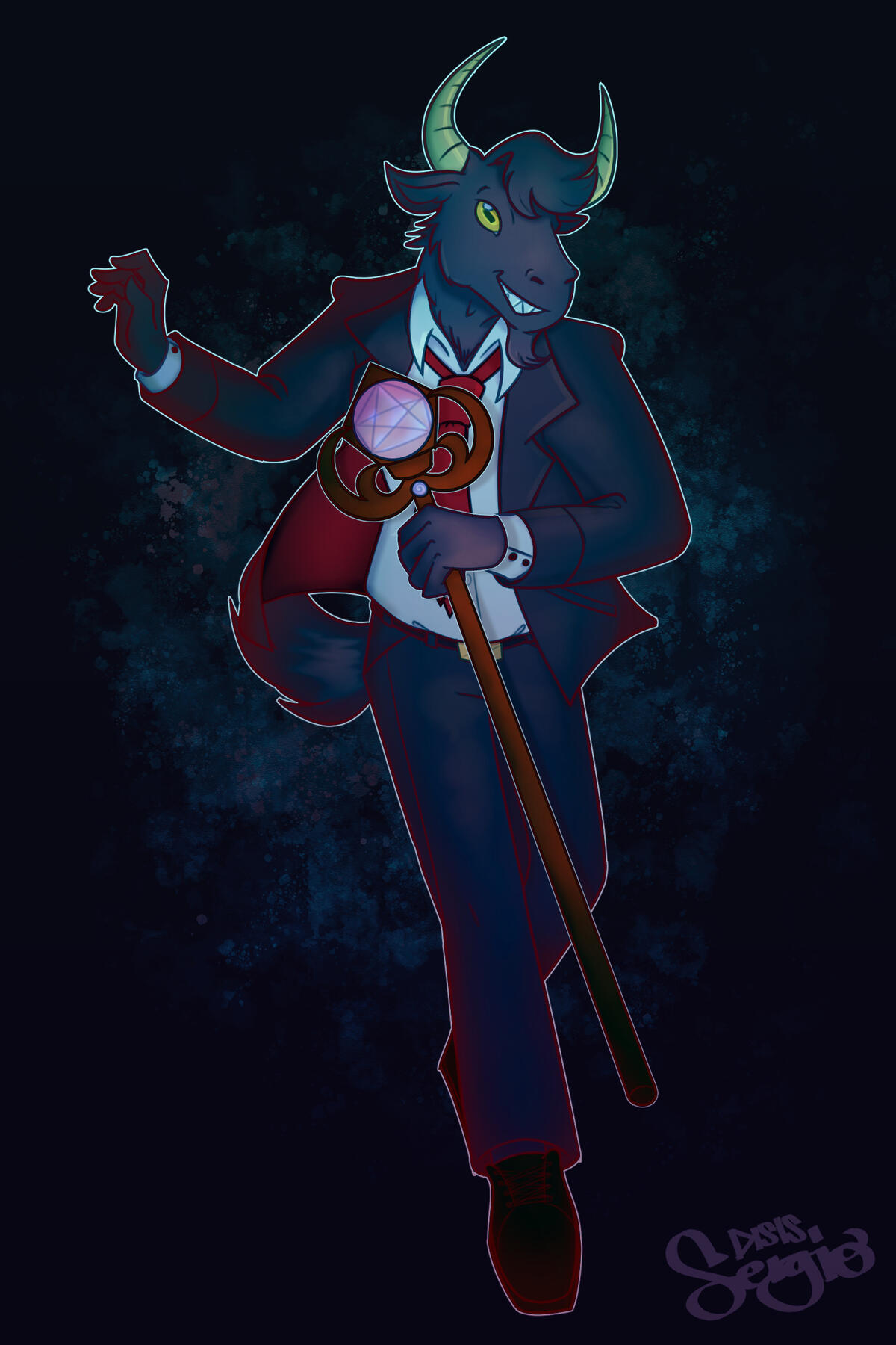 A humanoid goat in a suit, holding a cane mid swing step/
