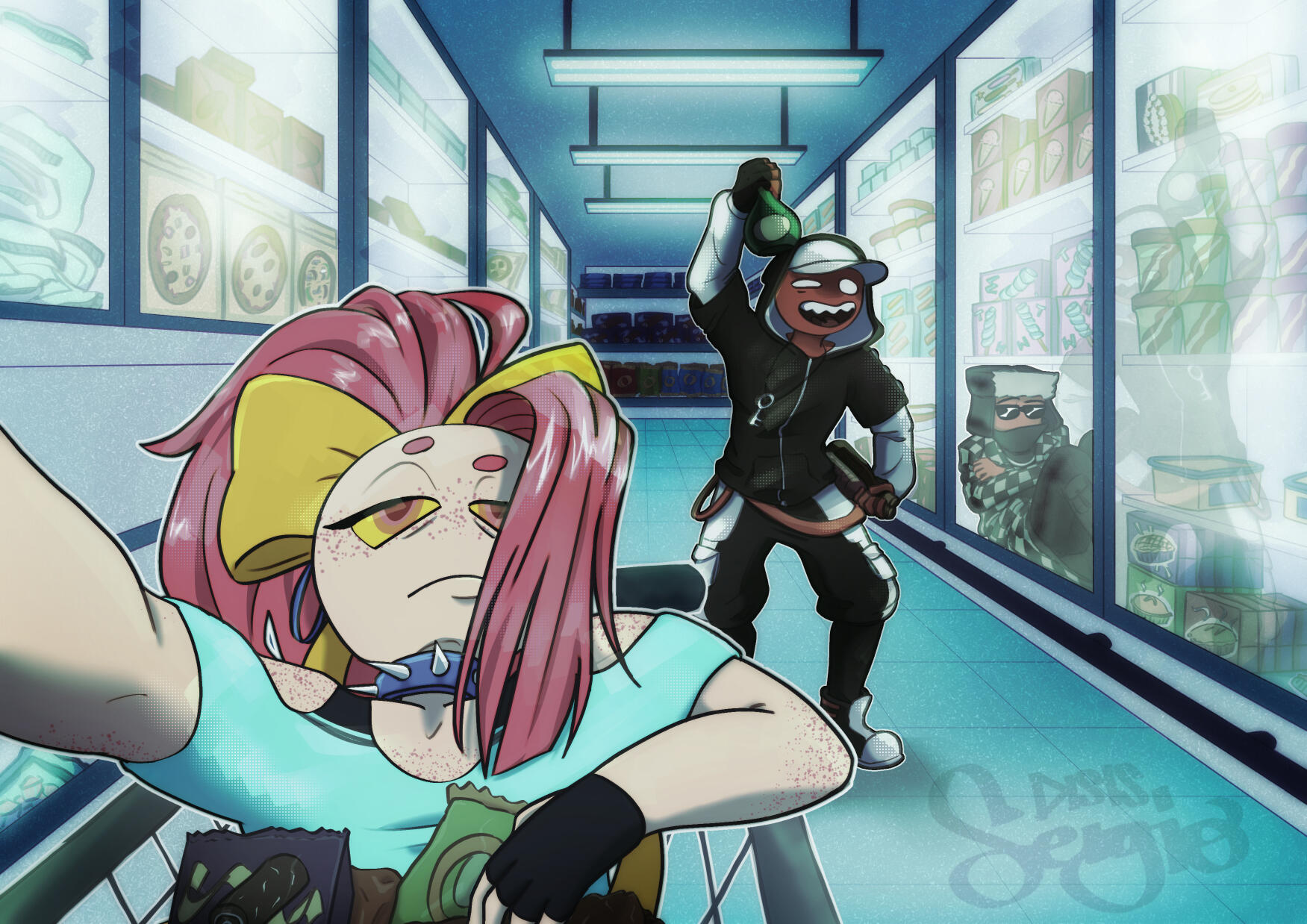 A group of three in the frozen section, one's seated in the trolley, another holding a glass bottle, the third in the freezer.