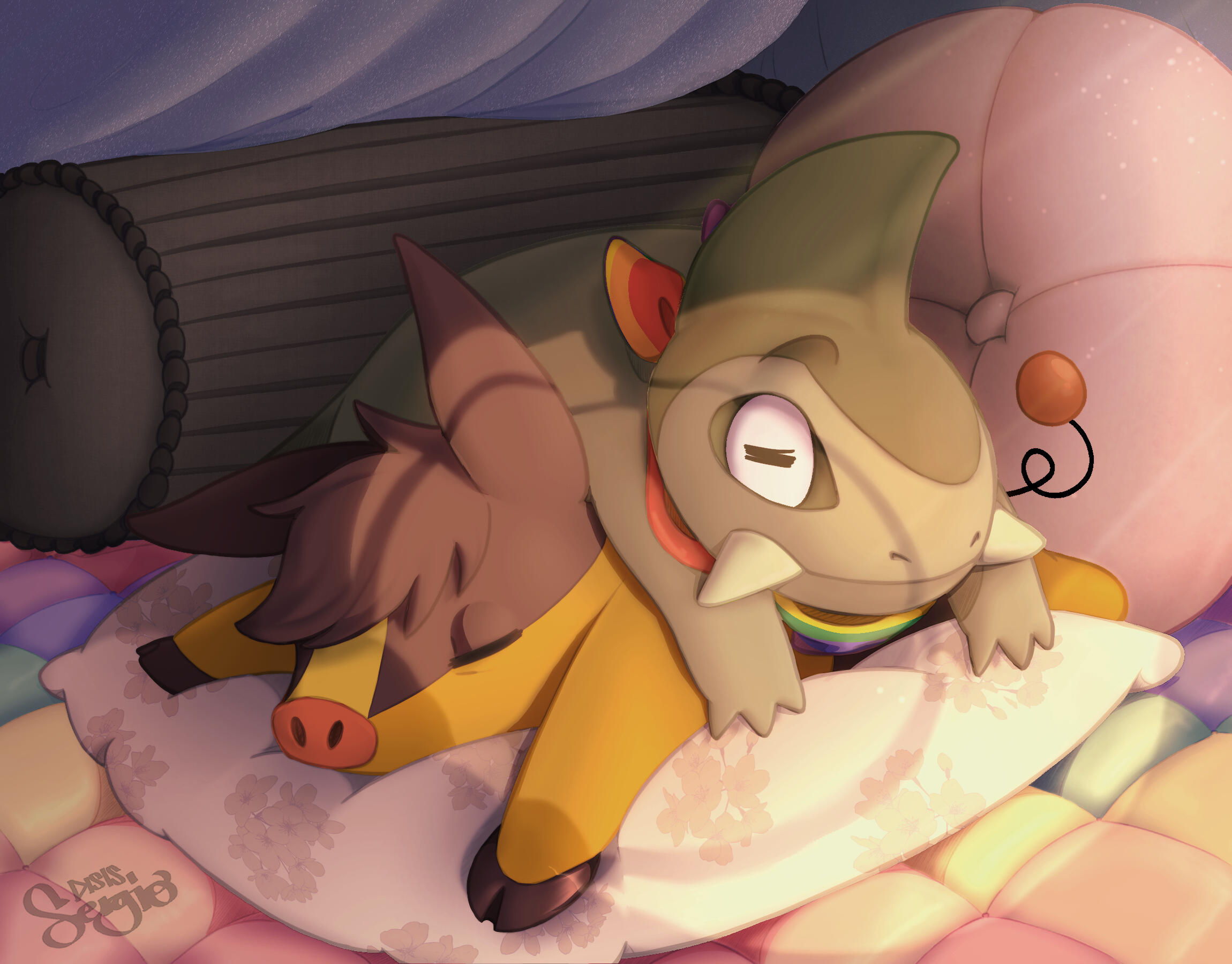 [Pokemon] Axew and Tepig resting in a nap pile, surrounded by pillows and blankets, with afternoon sunlight shining down on them.