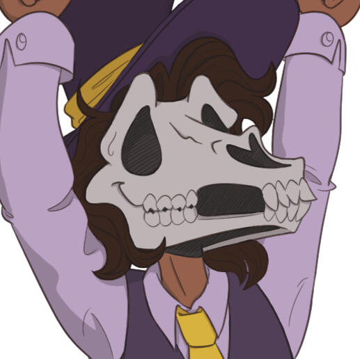Gimme_Money.png A skull-headed creature wearing a purple suit and matching top hat, with their arms raised.